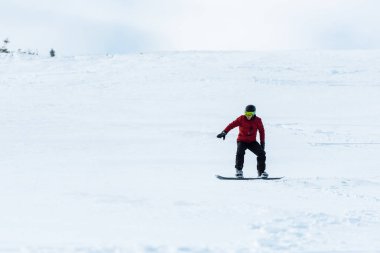 Kasklı ve eldivenli snowboardcu. Yamaçta beyaz karla geziyor. 