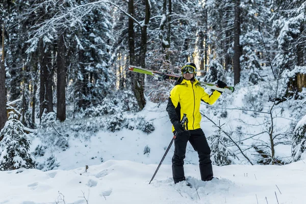 Skier Goggles Holding Ski Sticks Skis Standing Firs — Stock Photo, Image