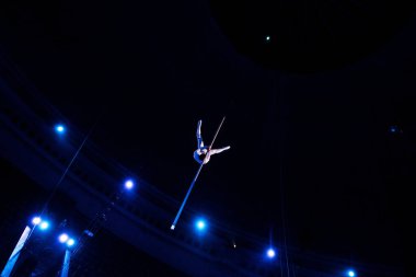 low angle view of man balancing in arena of circus  clipart