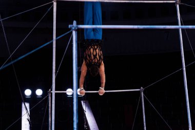 Sirk arenasındaki yatay barlarda gösteri yapan atletik jimnastikçilerin arka görüntüsü  