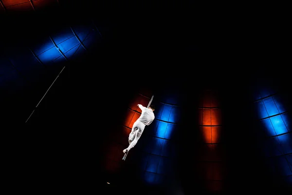 Back View Acrobat Performing Pole Arena Circus — Stock Photo, Image