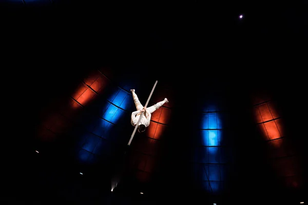 Вид Ззаду Акробата Балансування Металевому Полюсі Арені Цирку — стокове фото