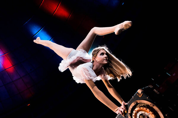 flexible girl doing handstand while performing in arena of circus 