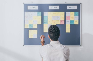 back view of scrum master standing near board with sticky notes  clipart