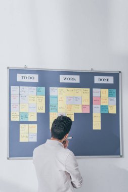 back view of scrum master standing near board with sticky notes and letters clipart