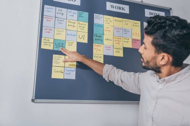 selective focus of mixed race scrum master pointing with hand at uix letters on sticky note  clipart