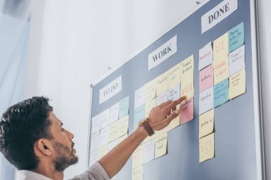 selective focus of bi-racial businessman pointing with finger at sticky note with uix letters in office  clipart