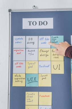cropped view of scrum master pointing with finger at sticky note with off like mode letters  clipart