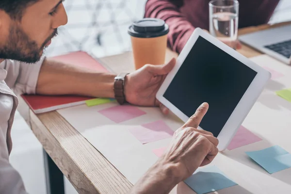 Selective Focus Bearded Mixed Race Businessman Pointing Finger Digital Tablet — 스톡 사진