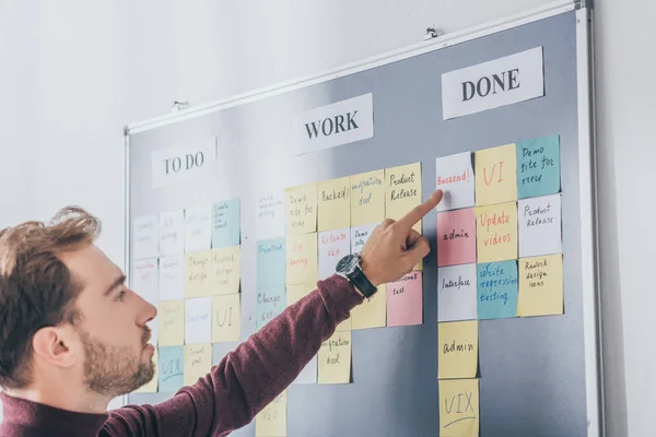 Handsome Businessman Pointing Finger Backend Letters Sticky Note — Stock Photo, Image