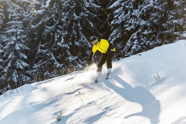 Sportowiec w kasku trzymający kije narciarskie podczas jazdy na śniegu w pobliżu firs zimą — Zdjęcie stockowe