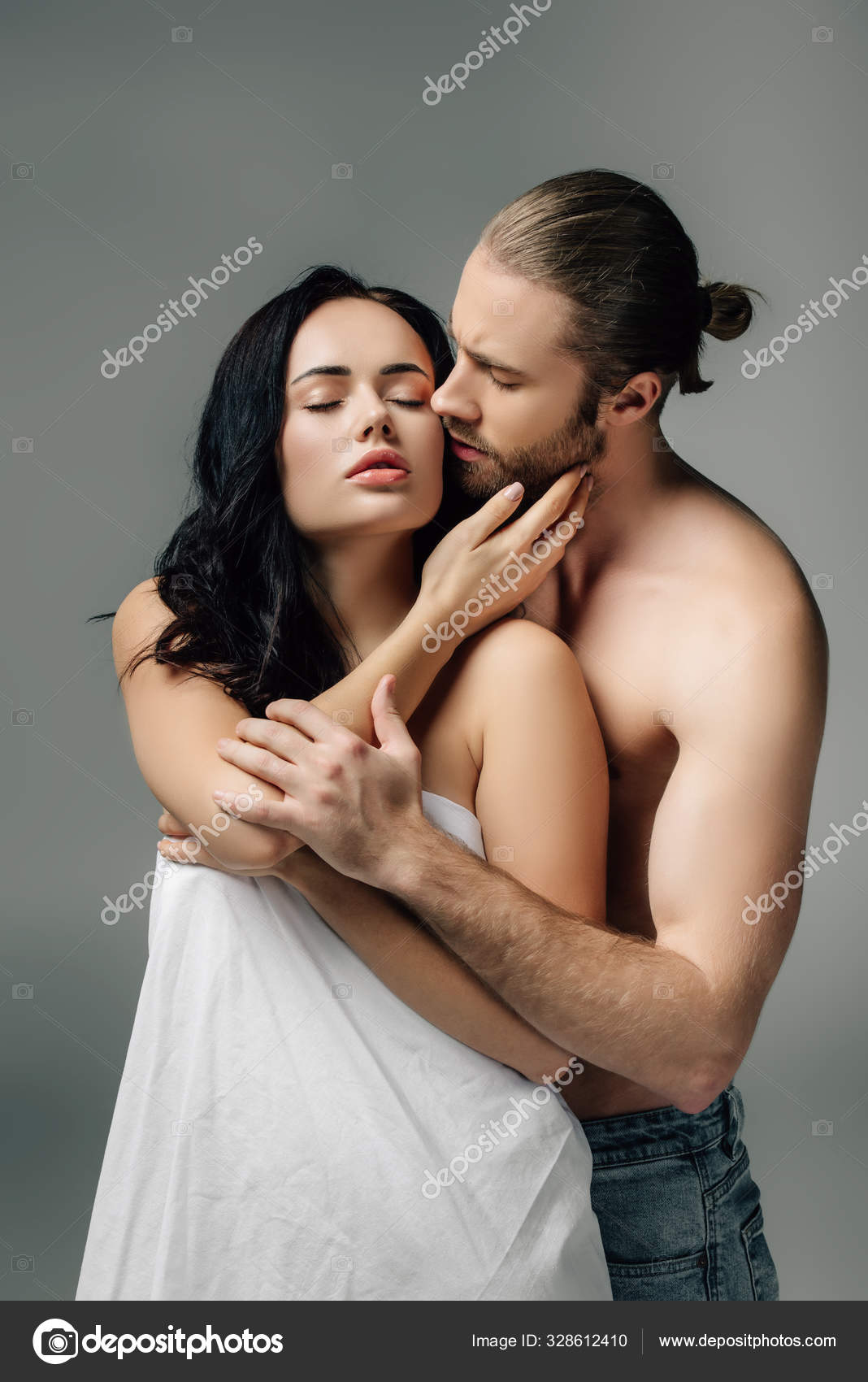 Seductive Nude Couple Hugging Sheets Isolated Grey Stock Photo by ©HayDmitriy 328612410