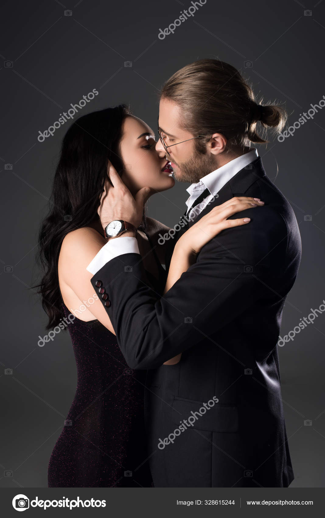 Sensual Couple Black Suit Dress Kissing Isolated Grey Stock Photo by  ©HayDmitriy 328615244