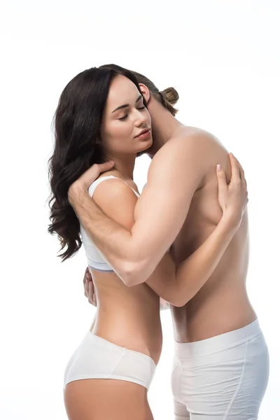 Casal Sensual Abraçando Roupa Interior Branca Isolado Branco — Fotografia de Stock