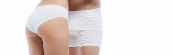 Partial View Couple White Underwear Isolated White Panoramic Shot — Stock Photo, Image