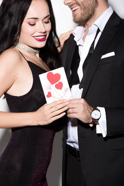 Beautiful Young Happy Couple Holding Valentines Day Card White — Stock Photo, Image