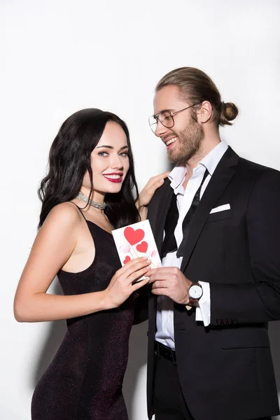 Cheerful Young Couple Holding Valentines Day Card White — Stock Photo, Image