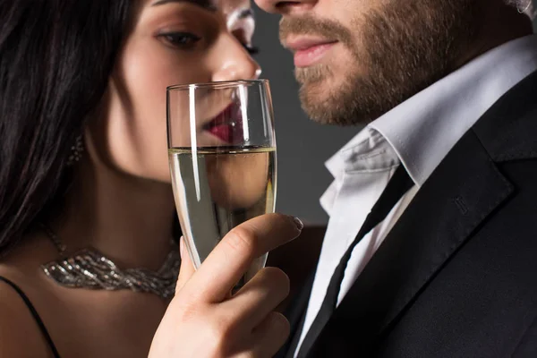 Tender Couple Holding Glass Champagne Valentines Day Isolated Grey — Stock Photo, Image