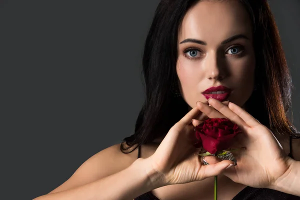 Bela Mulher Sensual Segurando Rosa Flor Isolado Cinza — Fotografia de Stock