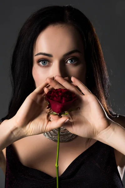 Hermosa Mujer Elegante Sosteniendo Flor Rosa Aislado Gris — Foto de Stock