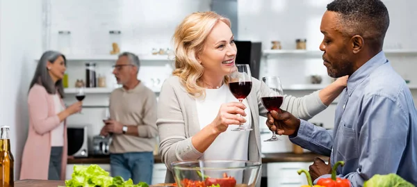 Panoramic Shot Smiling Woman African American Man Talking Holding Wine — Stock Photo, Image