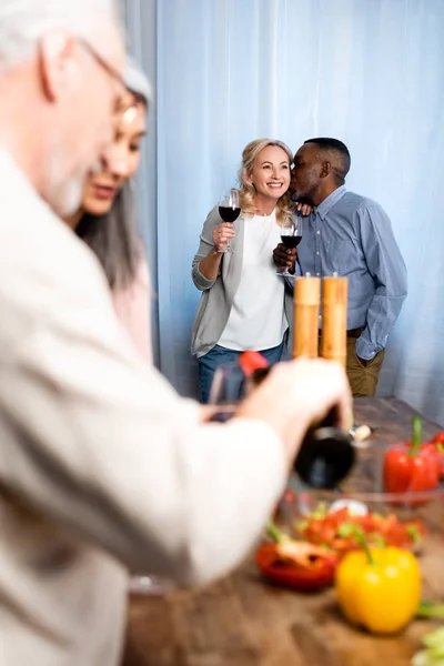 Selective Focus African American Man Kissing His Smiling Friend Kitchen — Stock Photo, Image