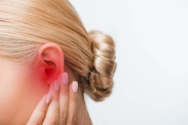 cropped view of blonde woman touching inflamed ear isolated on white  clipart