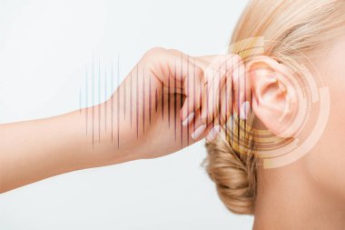 cropped view of blonde girl touching ear with digital illustration isolated on white  clipart