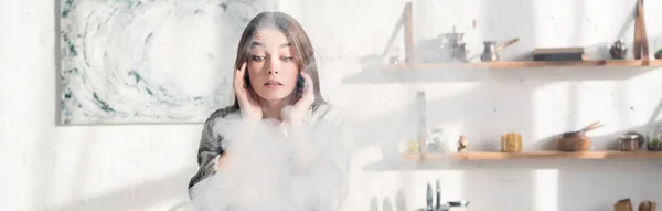 Panoramic Shot Shocked Attractive Woman Looking Kitchen — Stock Photo, Image