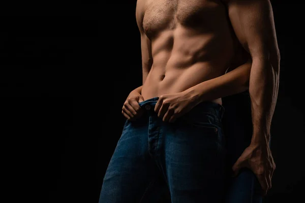 Cropped View Woman Undressing Sexy Young Man Muscular Torso Isolated — Stock Photo, Image