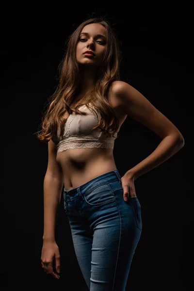 Sexy Young Girl Bra Jeans Posing Hand Pocket Isolated Black — Stock Photo, Image