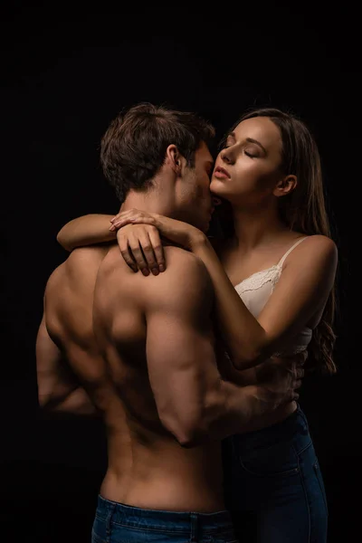 Sexy Young Couple Passionately Hugging Closed Eyes Isolated Black — Stock Photo, Image