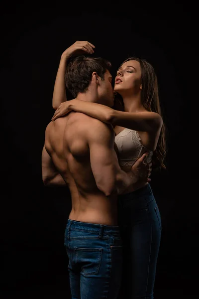 Sexy Young Couple Passionately Hugging Closed Eyes Isolated Black — Stock Photo, Image