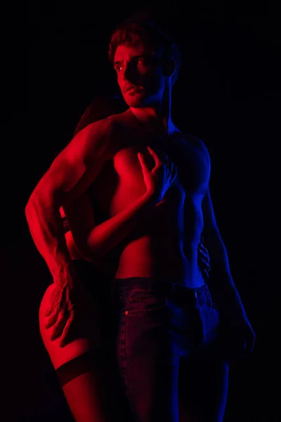 Passionate Undressed Sexy Young Couple Touching Each Other Red Light — Stock Photo, Image