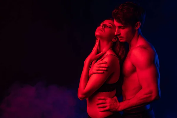 Passionate Undressed Man Touching Sexy Young Woman Red Light Black — Stock Photo, Image