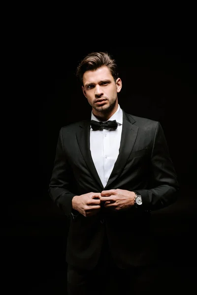 Handsome Man Suit Touching Blazer Isolated Black — Stock Photo, Image