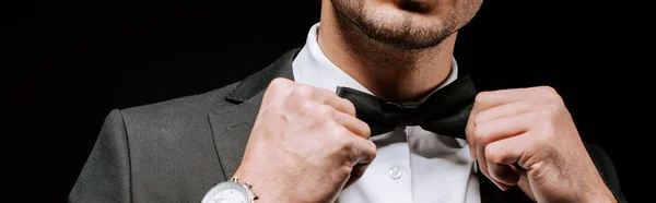 Panoramic Shot Man Touching Bow Tie Isolated Black — 스톡 사진