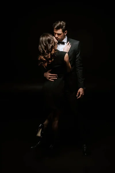 Woman Hugging Handsome Man Suit Black — 스톡 사진
