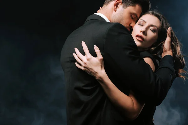 Passionate Man Hugging Sensual Woman Black Smoke — 스톡 사진