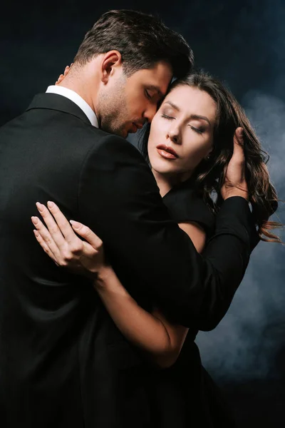 Passionate Man Hugging Sensual Woman Closed Eyes Black Smoke — Stock Photo, Image