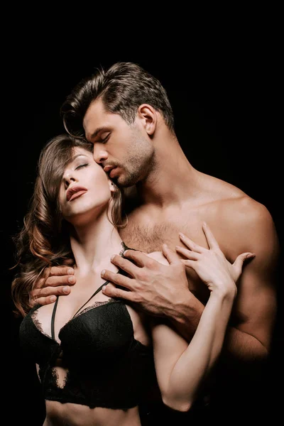 Muscular Man Touching Seductive Woman Lingerie Isolated Black — Stock Photo, Image