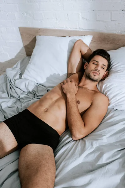 Sunlight Shirtless Man Resting Bed Home — Stock Photo, Image