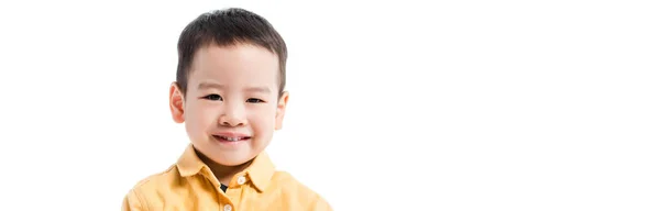 Panoramaaufnahme Von Fröhlichen Kleinen Asiatischen Jungen Isoliert Auf Weiß — Stockfoto