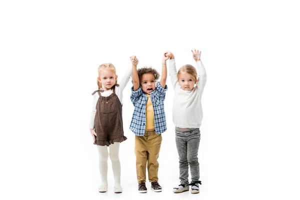 Schattige Multiculturele Kinderen Hand Hand Geïsoleerd Wit — Stockfoto