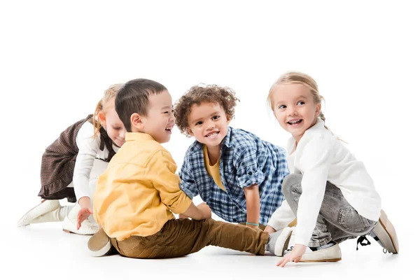 Adorable Sonriente Multicultural Niños Jugando Blanco —  Fotos de Stock