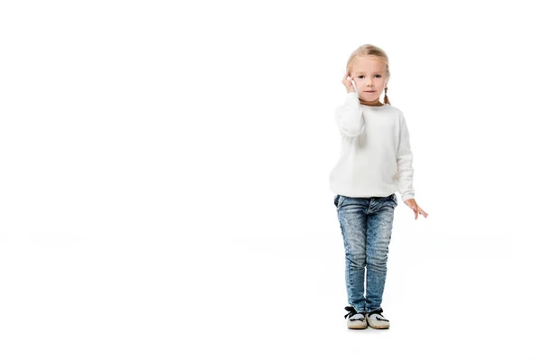 Adorable Kid Talking Smartphone Isolated White — Stock Photo, Image