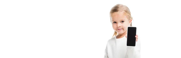 Panoramic Shot Cute Kid Showing Smartphone Blank Screen Isolated White — Stock Photo, Image