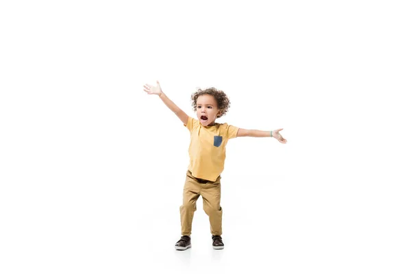 Animado Pouco Afro Americano Menino Gesticulando Isolado Branco — Fotografia de Stock