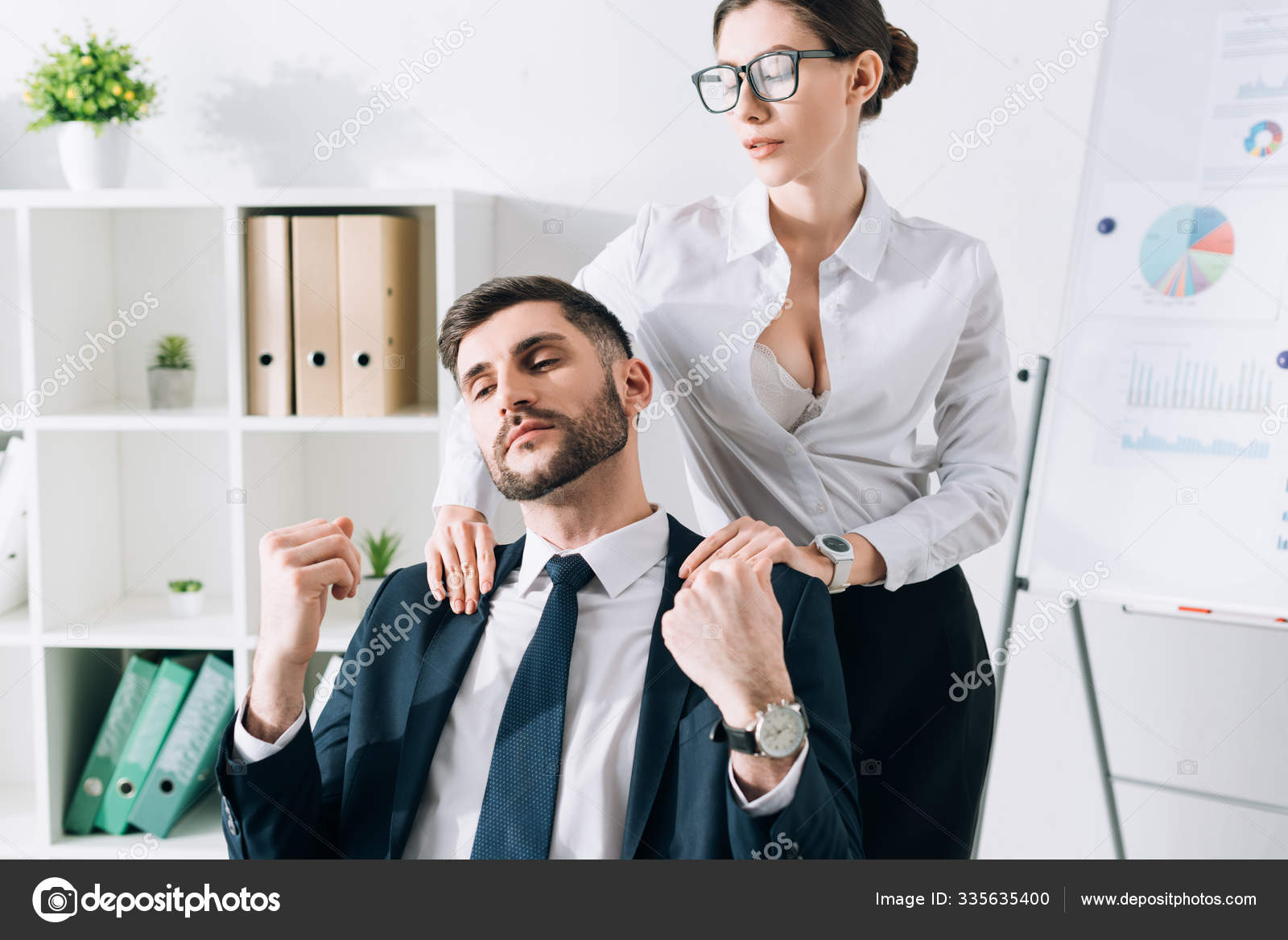 Sexy Secretary Big Breast Doing Massage Businessman Office Stock Photo
