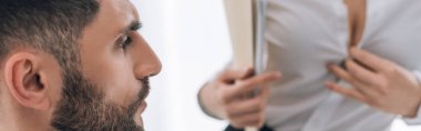 panoramic shot of businessman looking at sexy secretary with big breast in office 